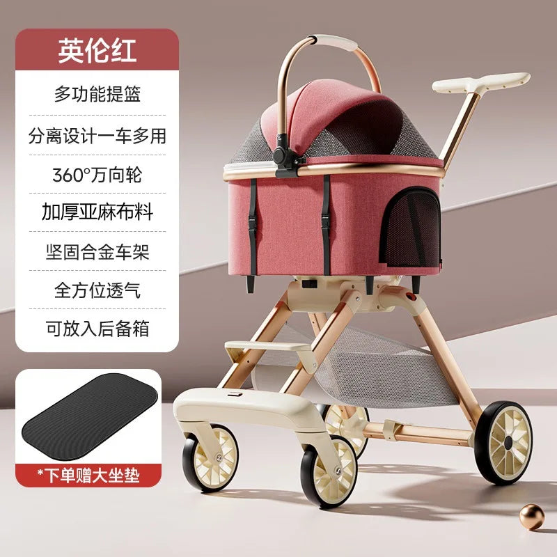 Luxury Pet Stroller 3 in 1 with 4 Wheels for Medium Small Size Dogs and Cats Detachable Carrier for Puppy Kitty Doggie Stroller