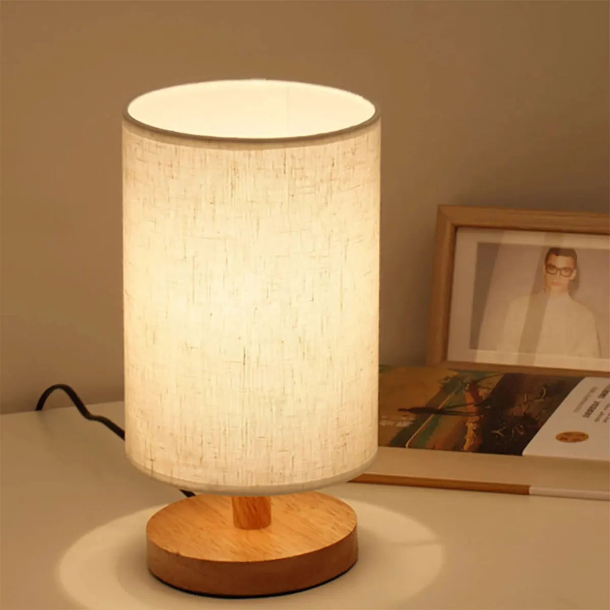 USB Wooden Bedside Lamp with Cylinder Shade Night Light for Bedroom Home Decor