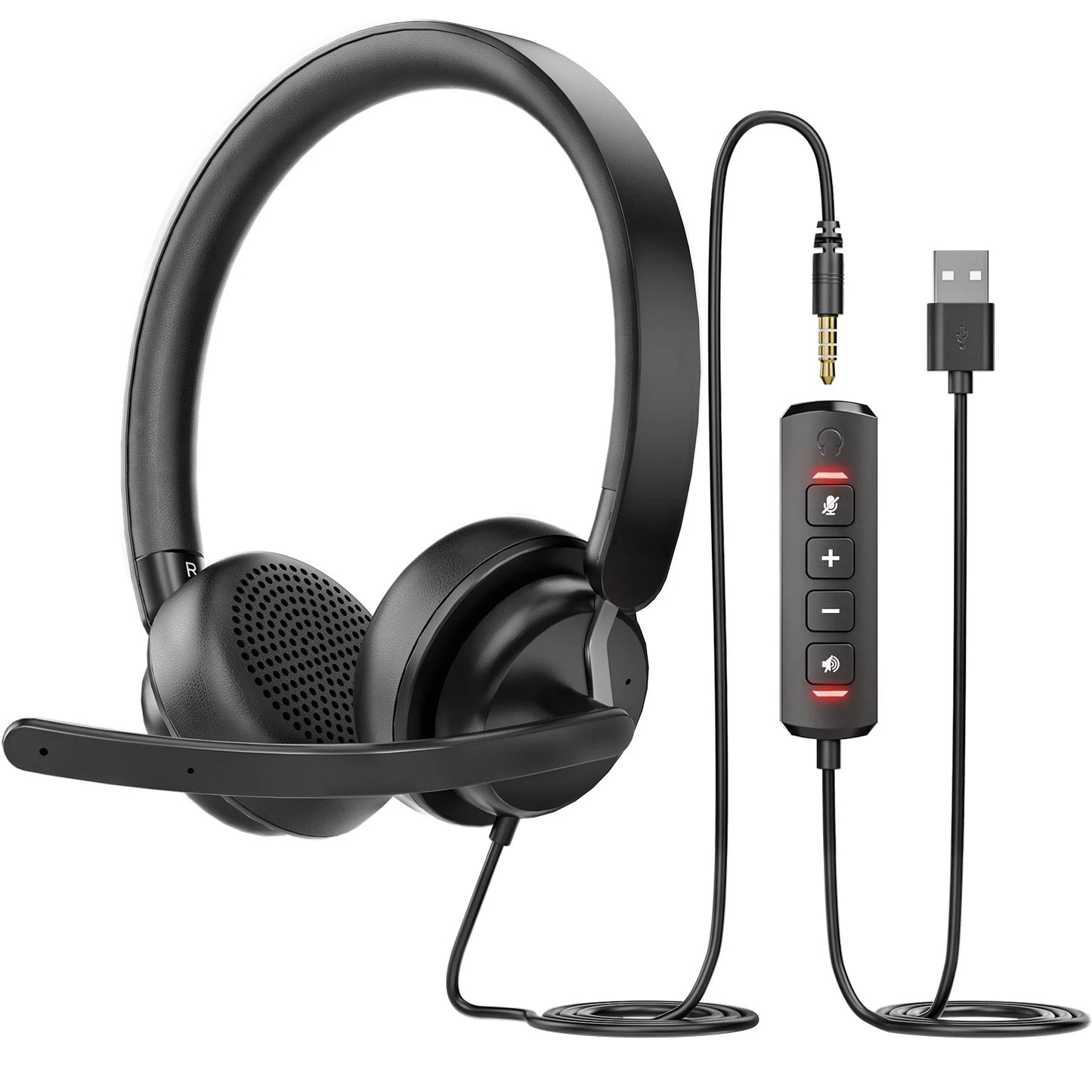 3.5mm USB Wired Headphones with Independent Sound Card and Microphone Adjustable Volume Business Headset for PC Laptop and Computer