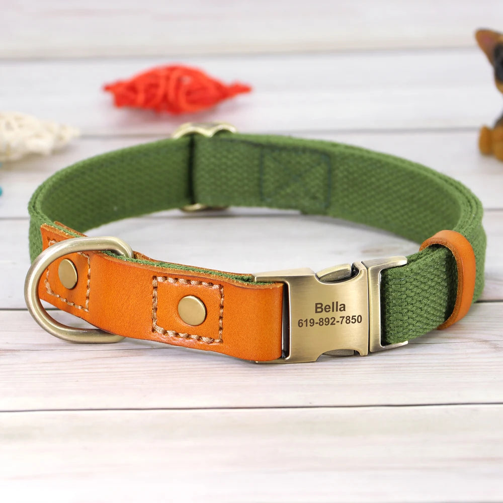 Nylon Custom Dog Collar and Leash Set with Personalized Genuine Leather Nameplate ID Tag for Puppies