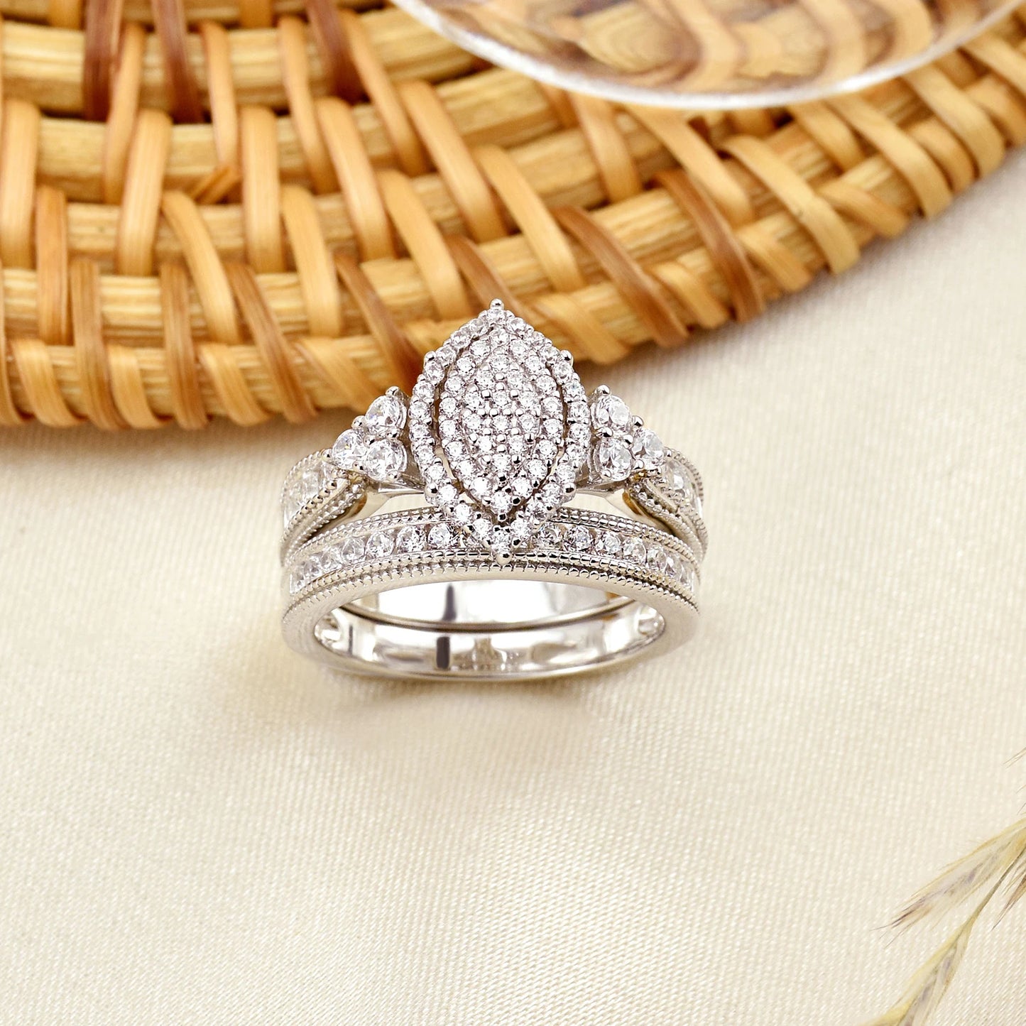 Newshe Halo AAAAA CZ Marquise Cluster Vintage Wedding Ring Set 925 Sterling Silver