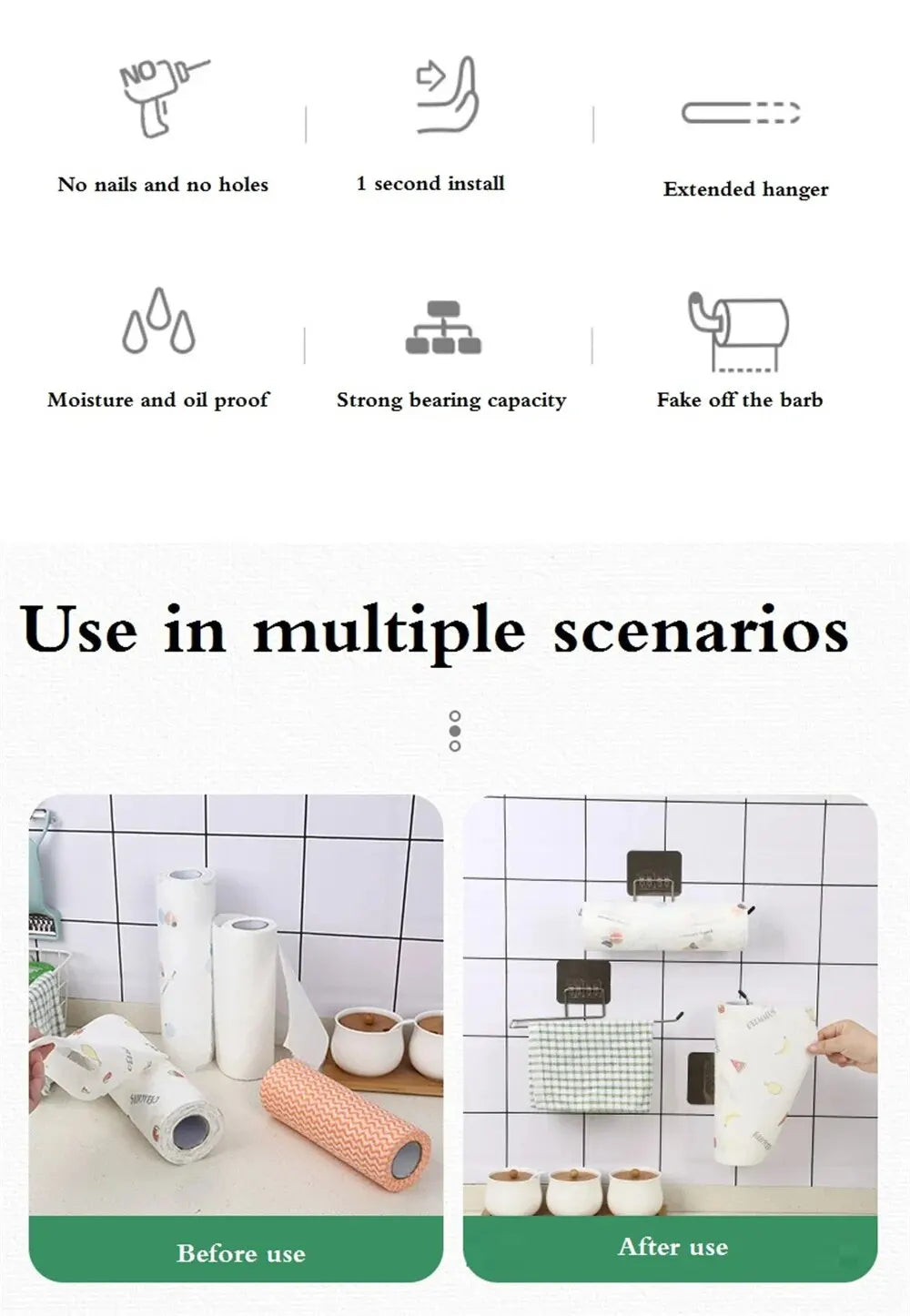 2PCS Kitchen Paper Towel Holder Adhesive Rack for Storage