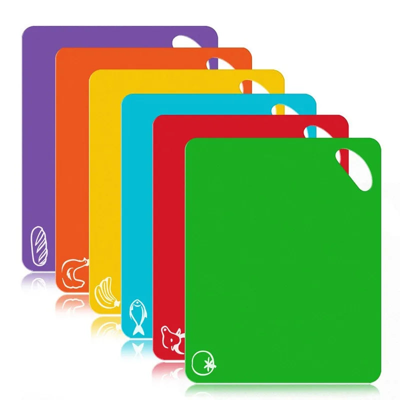 6 Piece Colorful Flexible Plastic Non-Slip Chopping Boards with Food Icons for Easy Kitchen Prep