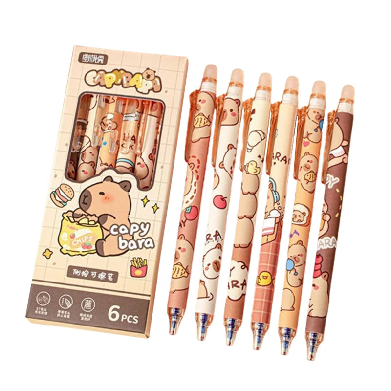 6Pcs Cute Capybara Erasable Pens Blue Ink Quick-Drying Stationery
