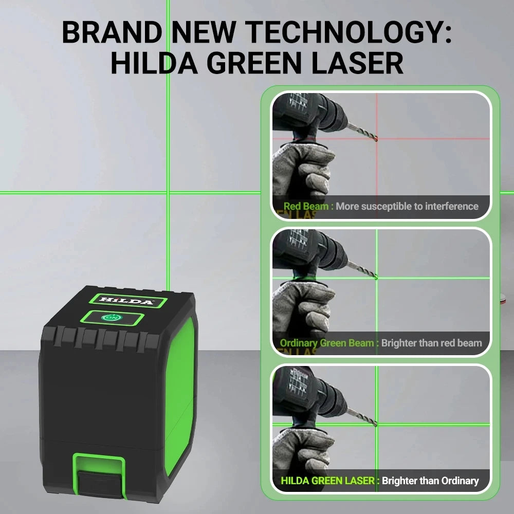 HILDA 2 Lines Mini Laser Level Green Beams USB Charging