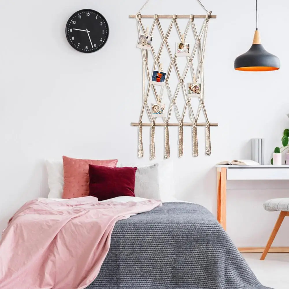Hanging Photo Display Macrame Wall Art with 10 Clips Boho Decor
