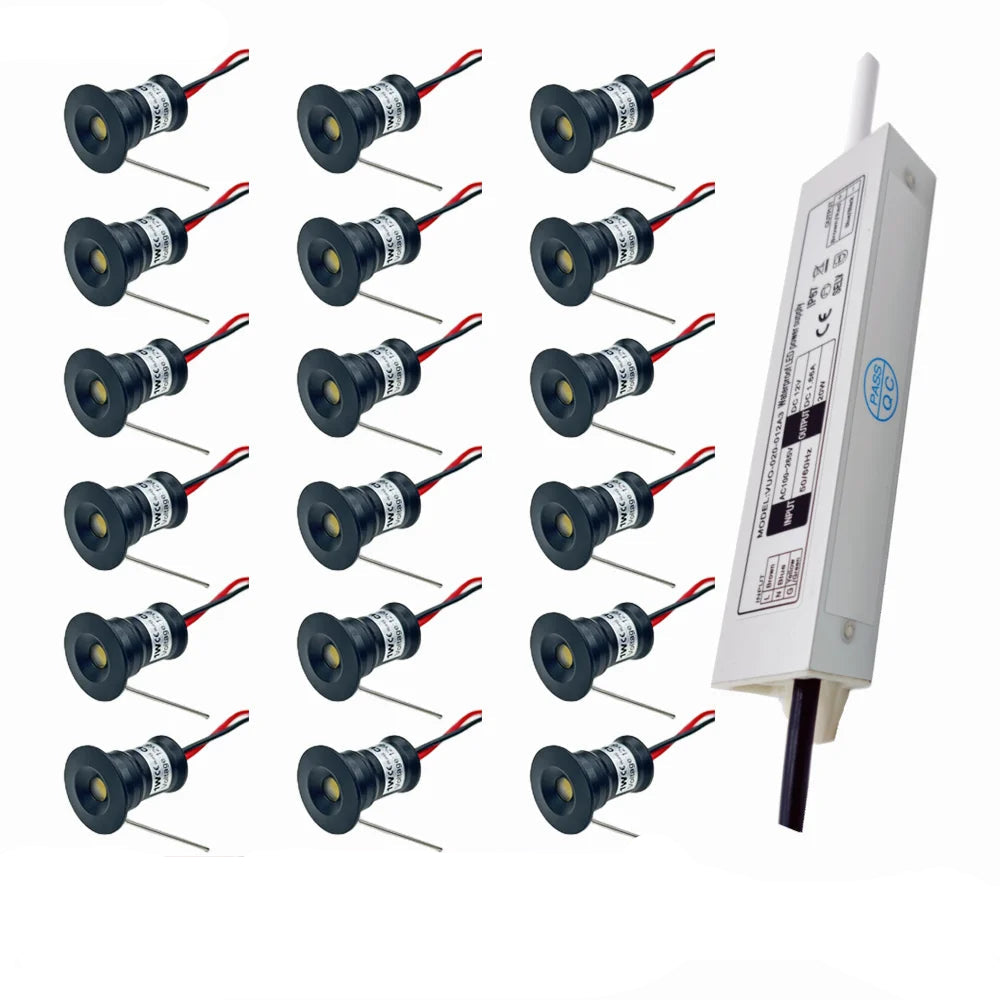 1W Mini Recessed LED Spotlight IP65 for Ceilings Cabinets and Stairs 15mm Downlight with 12V Transformer