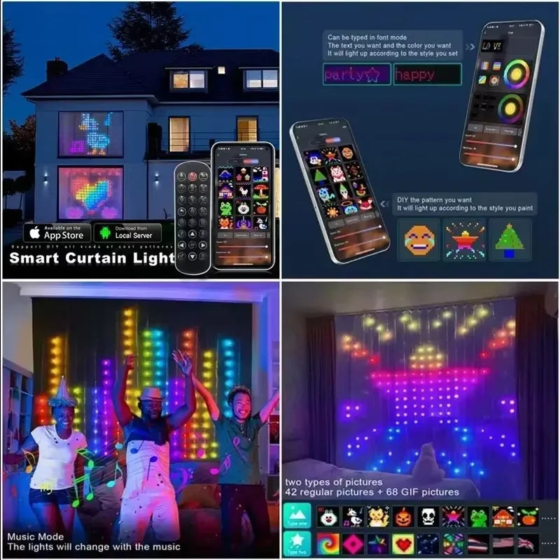 400LEDs Smart Curtain Lights with Bluetooth App Control for DIY RGB Fairy Lights and Music Sync Display