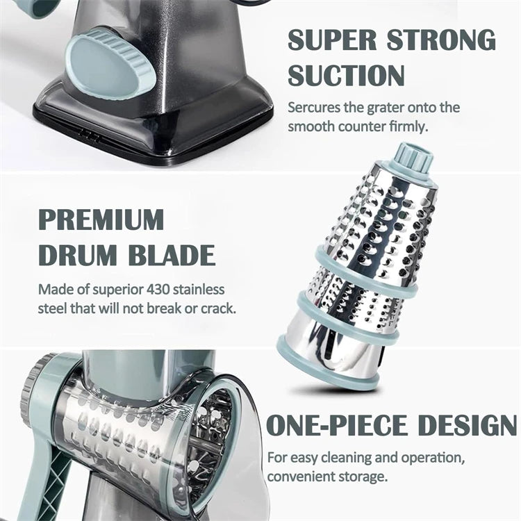 3 in 1 Manual Rotary Cheese Grater and Vegetable Slicer for Nut Grinding and Cheese Shredding