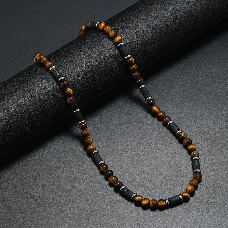 New Bohemian Men's Beaded Necklace Tiger Stone Natural Stone