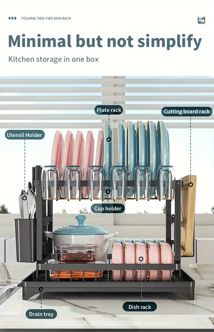 2 Tier Large Stainless Steel Dish Drying Rack with Drainboard for Kitchen Counter - Multifunctional Dish Drainer for Plates and Cups