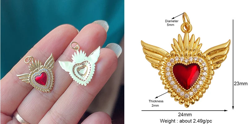 New Sacred Red Heart Charm Pendant 18K Gold Plated Zircon