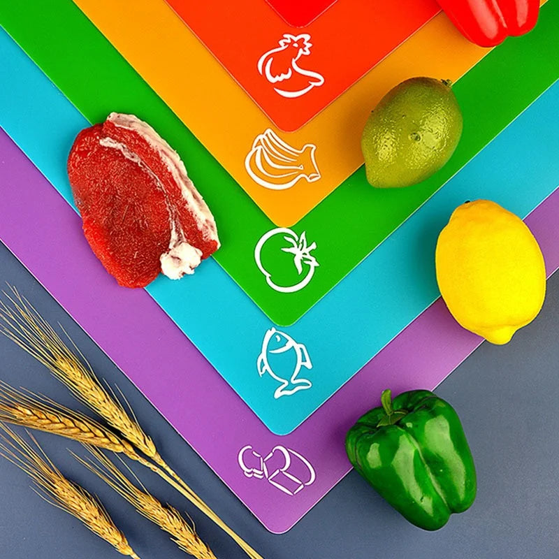 6 Piece Colorful Flexible Plastic Non-Slip Chopping Boards with Food Icons for Easy Kitchen Prep
