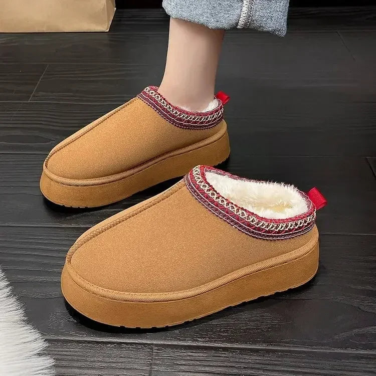 Women's Wool Slippers Warm Sheepskin Platform Shoes 2024
