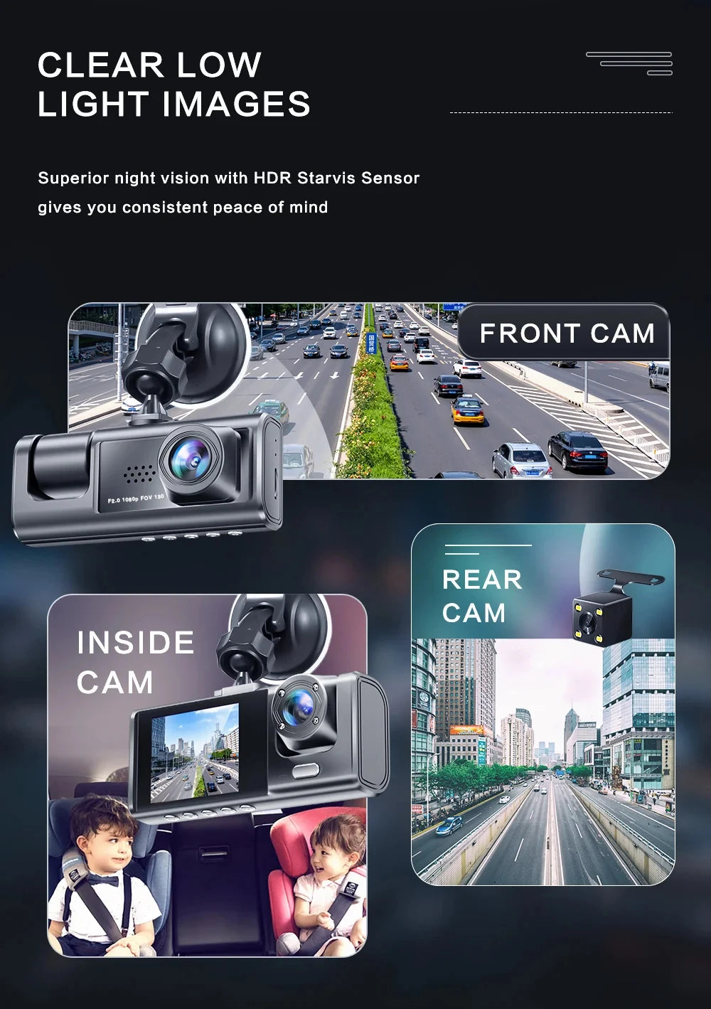 1080P Dash Cam with IR Night Vision and Loop Recording for 2/3 Channel Vehicle DVR