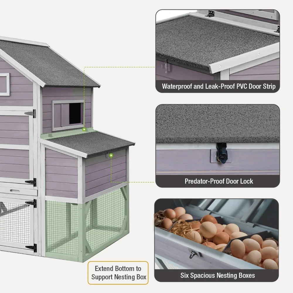 Large Chicken Coop with Run - Wooden Hen House with 6 Nesting Boxes and Removable Tray, 41.3ftΒ² Poultry Pet Hutch Run Cage with