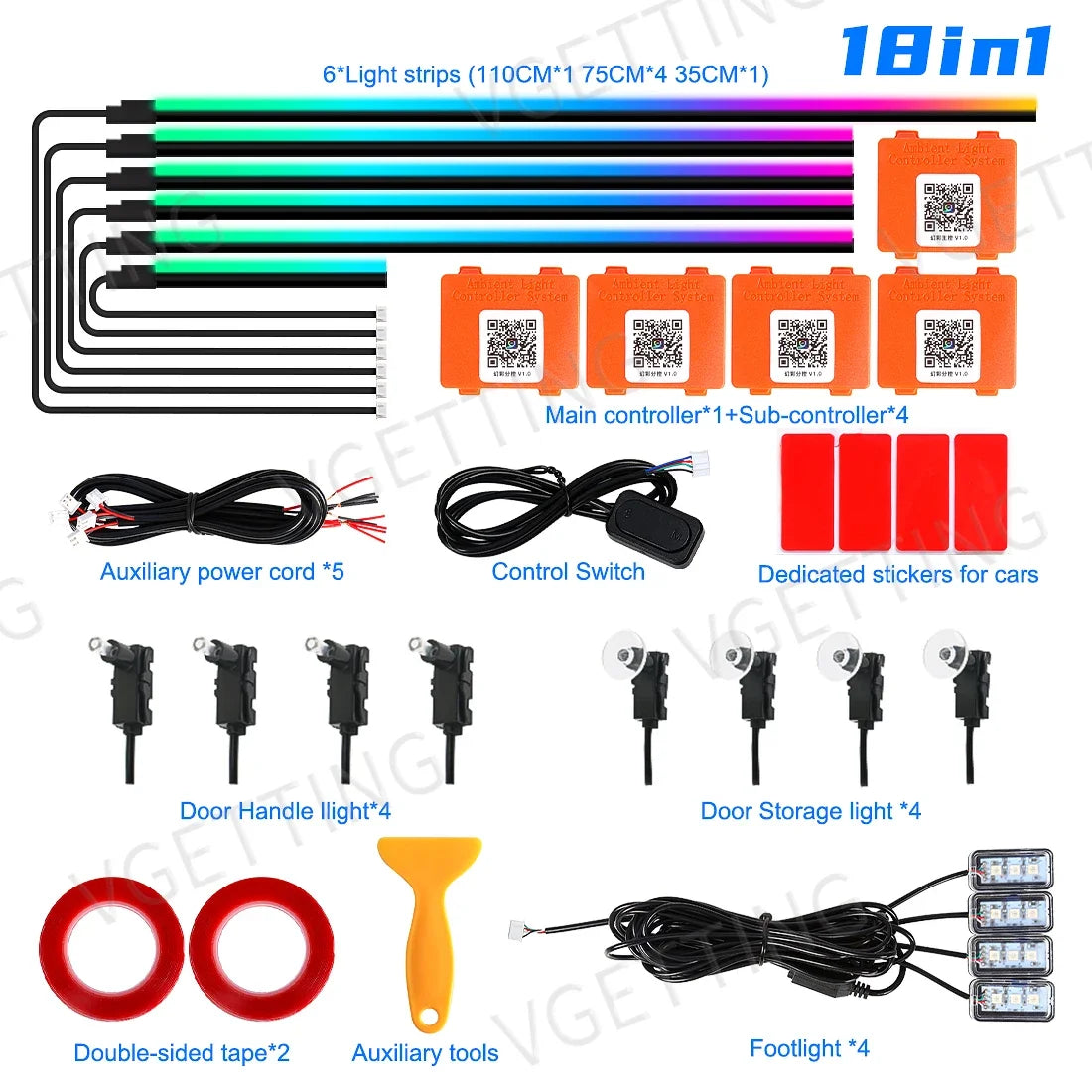 Vgetting 18 in 1 Car Ambient Lights LED Acrylic Strips RGB 64 Colors APP Control