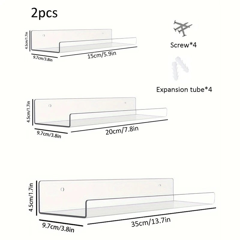 2pc Clear Acrylic Storage Rack Wall Mounted Shelf Organizer