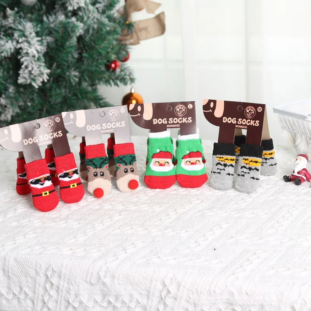 Dog Cat Socks Christmas Pattern Foot Covers Small Dogs Anti Slip Cat Socks Puppy Knitted Paw Protector Cute Festival Themed