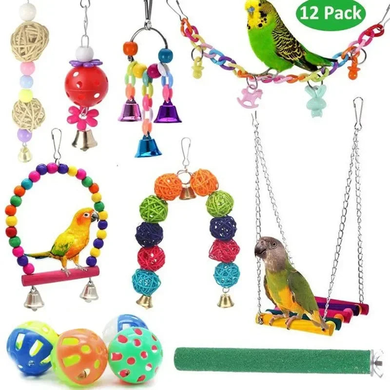 Pack Bird Toy Cage Bird Accessories Wood Parrot Toys Bird Toy Swing Suspension Bridge Ball Cage Bells Pet Supplies Set