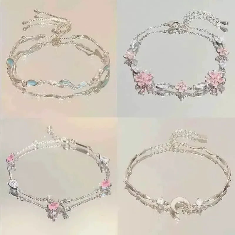 Shiny Pink Crystal Cherry Blossom Bracelets For Women Girls