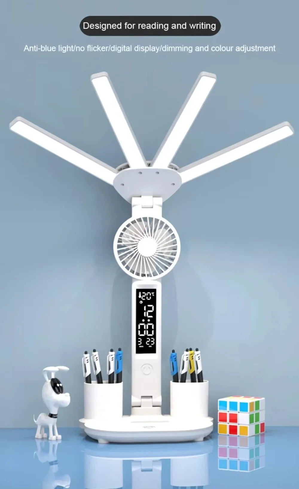 Multifunctional 3 Color LED Desk Lamp with Clock Fan and USB Charging Four Headed Folding Design