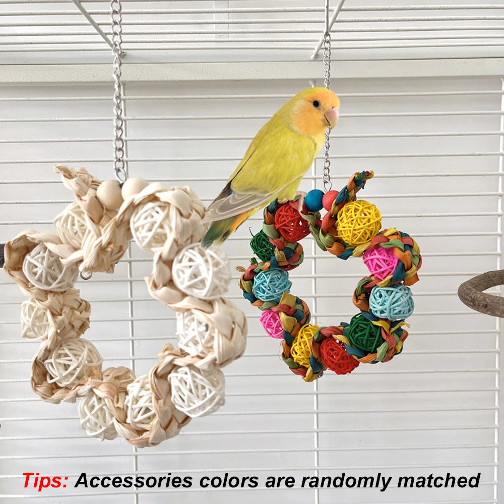 1pc Rattan Ball Round-shaped Bird Swing Toy Grab Bite Toy Stand Grinding Teeth Hanging Chew Toys for Pet Bird Parrot Cage Decor