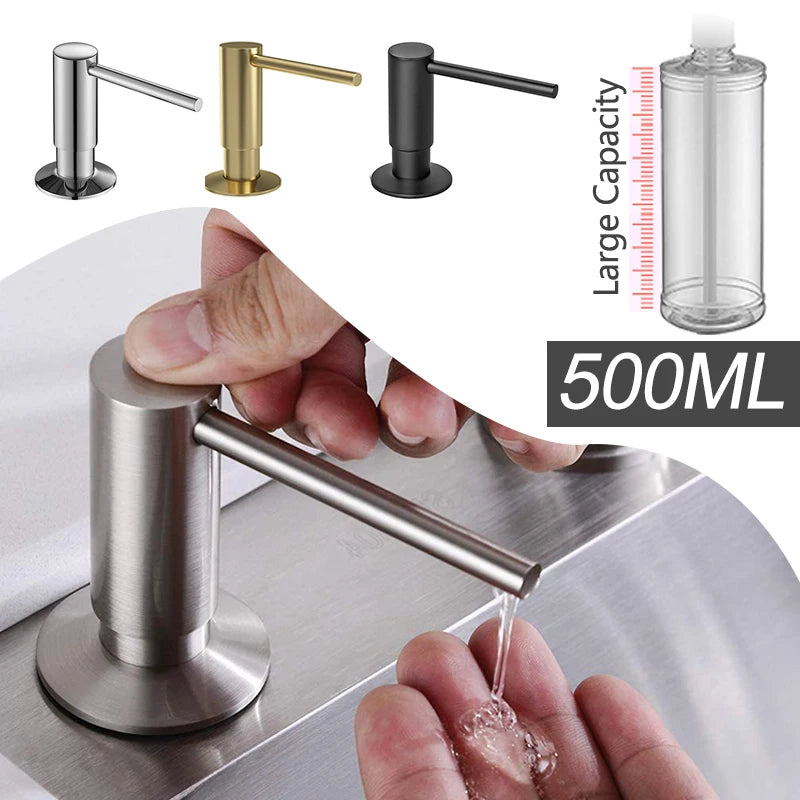 500ml Built-in Pump Kitchen Liquid Soap Dispenser Brass Brushed Nickel Elegant Design for Sink Counter Black Hand Pressure