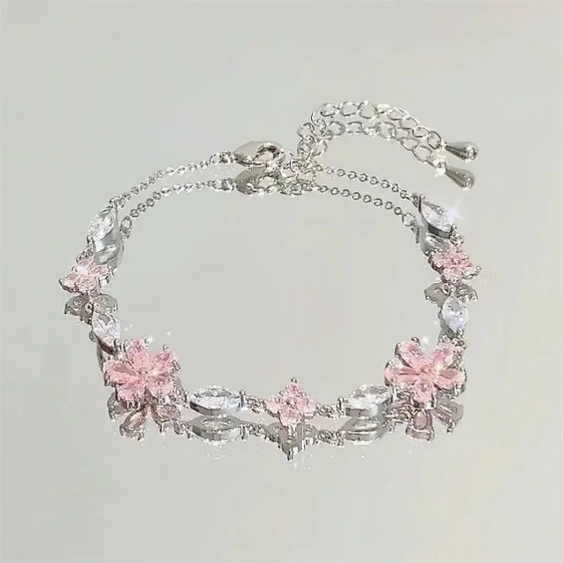 Shiny Pink Crystal Cherry Blossom Bracelets For Women Girls