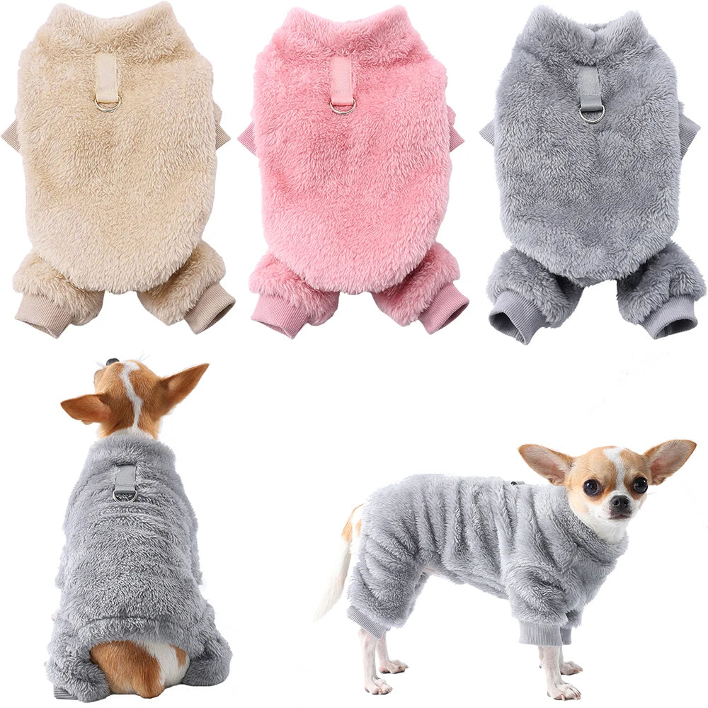 Winter Fleece Warm Dog Clothes Winter Soft Cozy Puppy Jumpsuit Plush Winter D-ring Overall For Small Medium Pet Vest Coat Cats