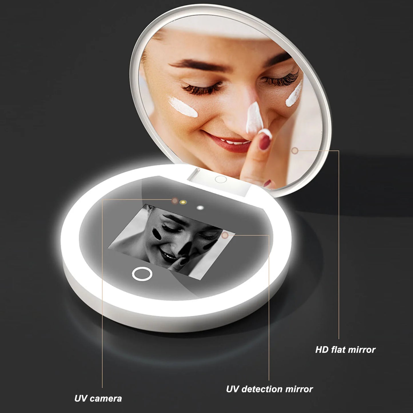 UV Mirror Sunscreen Testing Camera with Light and 2X Magnification Travel Makeup Mirror Pocket Size 3.5 Inch