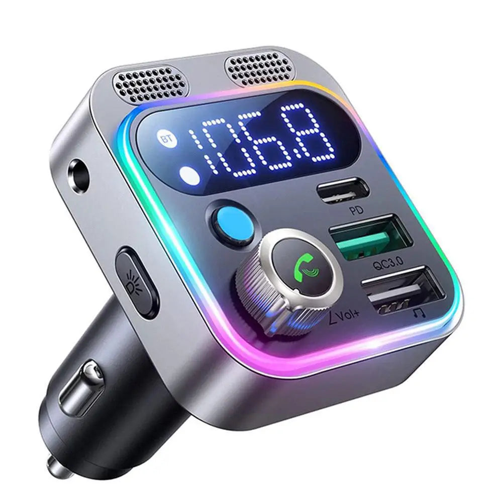 Car Adapter FM Transmitter with PD QC3.0 Charger and Dual Mics