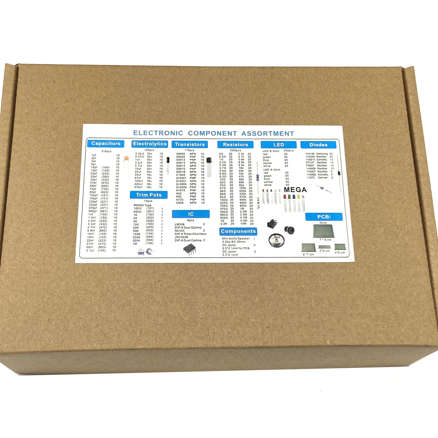 1818 Pieces Electronic Components Kit for Hobbyists and Students Including Resistors Capacitors Transistors Diodes LED and PCB Board