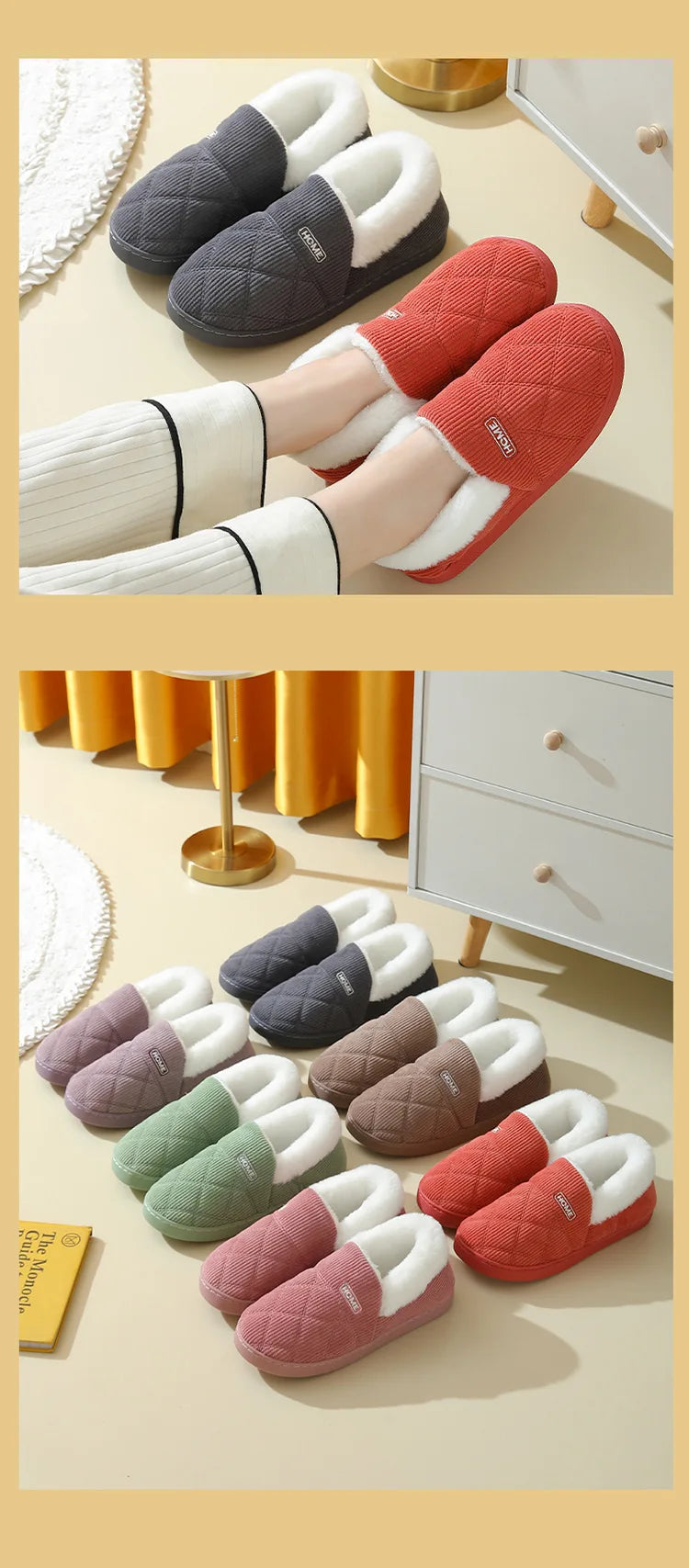 Comwarm New Women Slippers Plush Fur Thick Sole Antiskid