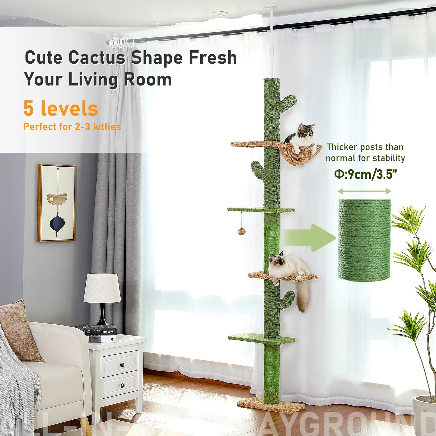 Cat Tree 5-Tier Floor to Ceiling Cat Tower Cactus Design