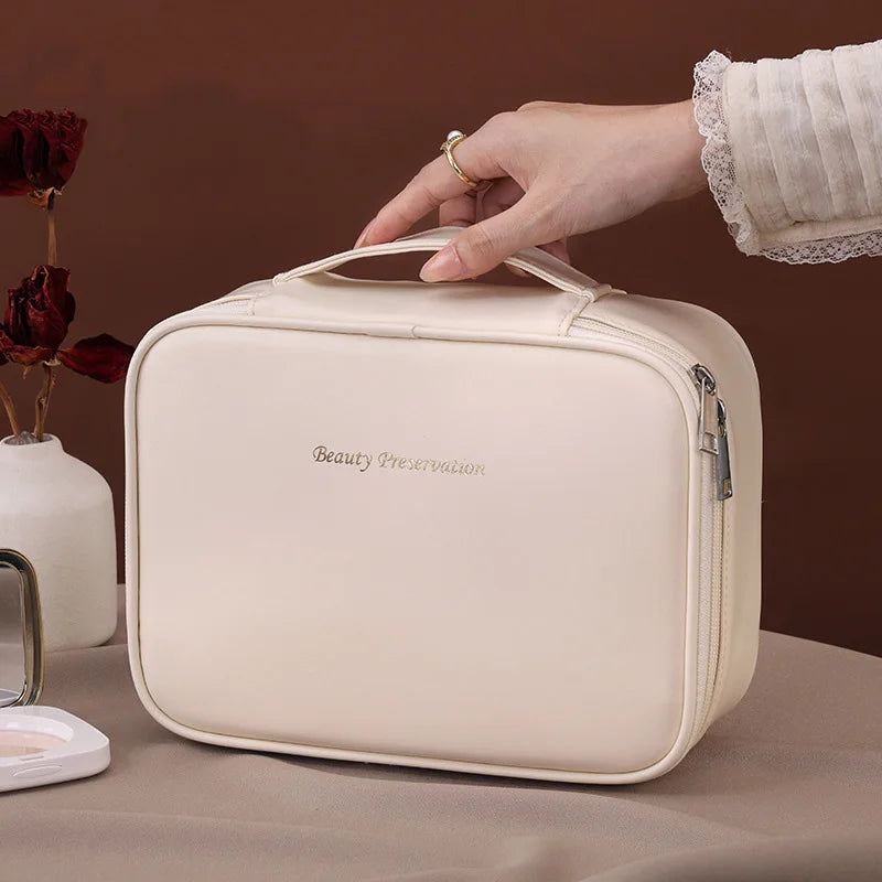 PU Large Capacity Portable Makeup Bag Double Layer Travel Organizer for Toiletries and Cosmetics