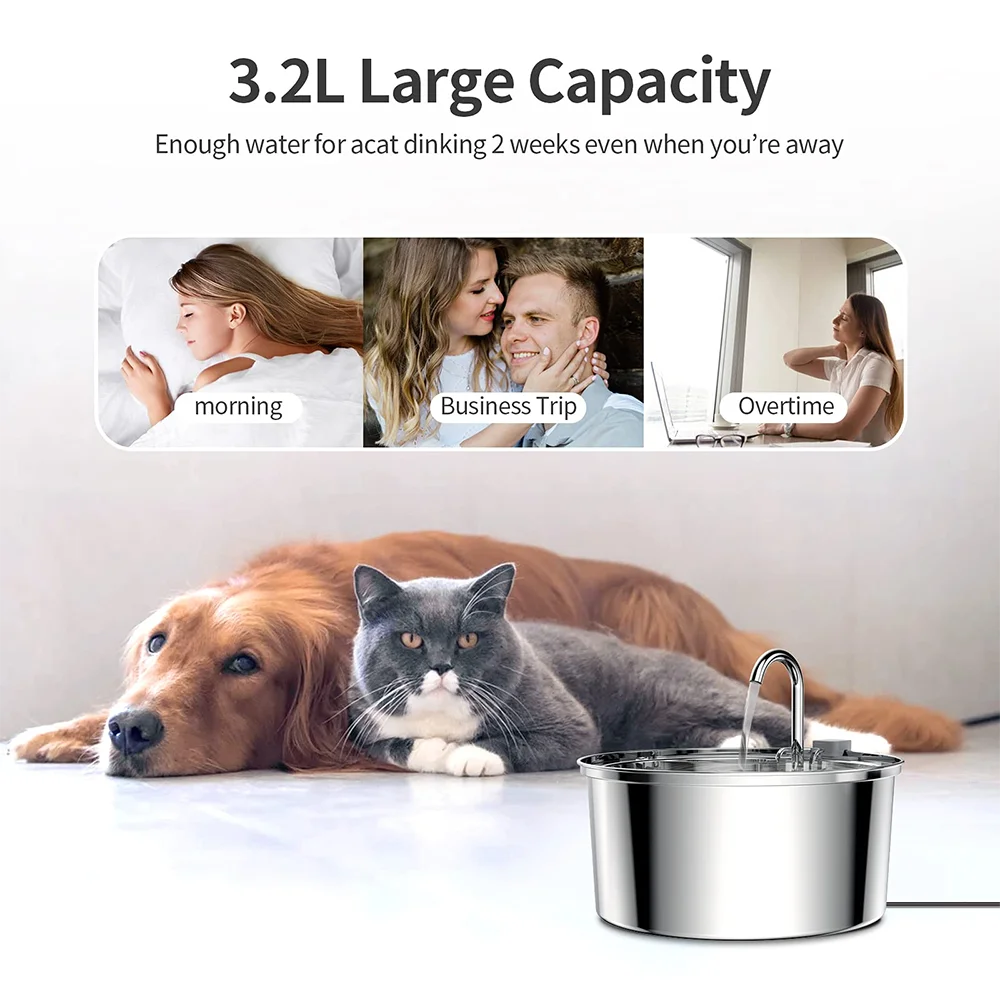 Stainless Steel Pet Water Feeder Cat Automatic Fountain USB Mute Filter Bowl
