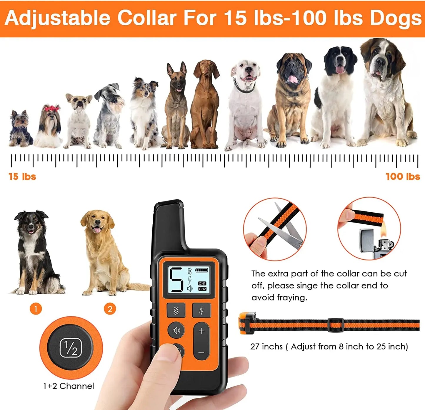 500 Meter Waterproof Electric Dog Training Collar with Remote Control Rechargeable Shock Vibration and Sound Features