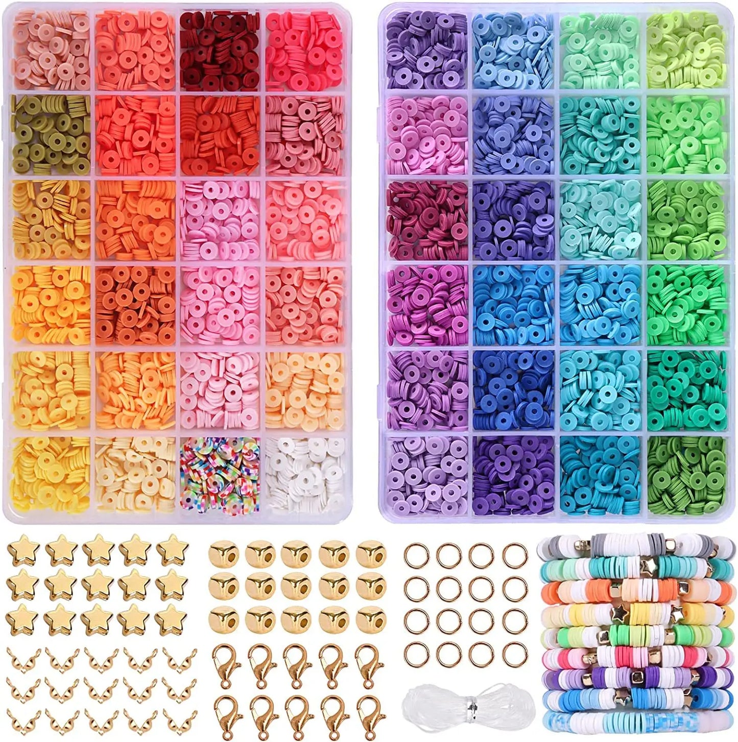 24 Rainbow Color Clay Beads Bracelet Making Kit with 2 Boxes for DIY Jewelry Crafting and Handmade Accessories