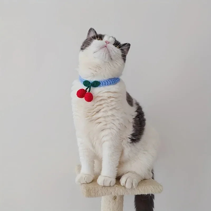 Pet Collar Handmade Knitted Cat Collar With Cherry Decor Cute Cat Necklace Cat Supplies ошейник для кошек para gatos accesorios