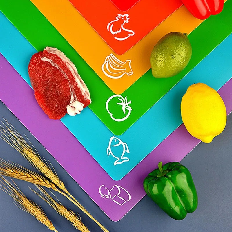 6 Piece Colorful Flexible Plastic Non-Slip Chopping Boards with Food Icons for Easy Kitchen Prep