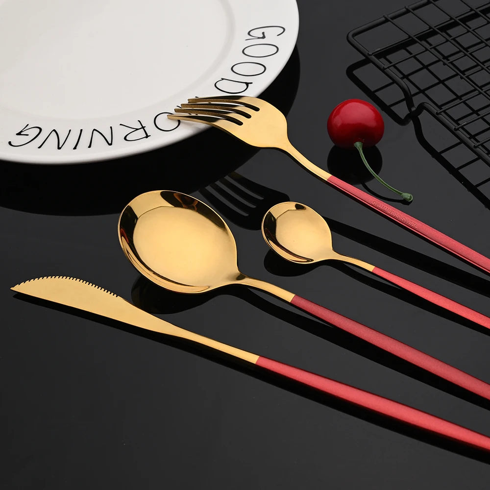 30 Piece Black and Gold Stainless Steel Cutlery Set Durable Dinnerware with Knives Forks and Spoons