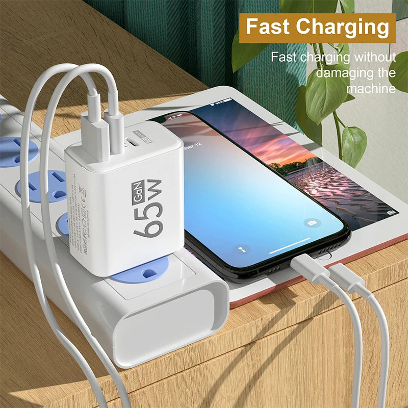 GaN Fast Charging 65W USB Type C Charger PD 3.0 for iPhone 15 Samsung Xiaomi Huawei