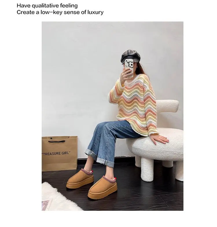 Women's Wool Slippers Warm Sheepskin Platform Shoes 2024