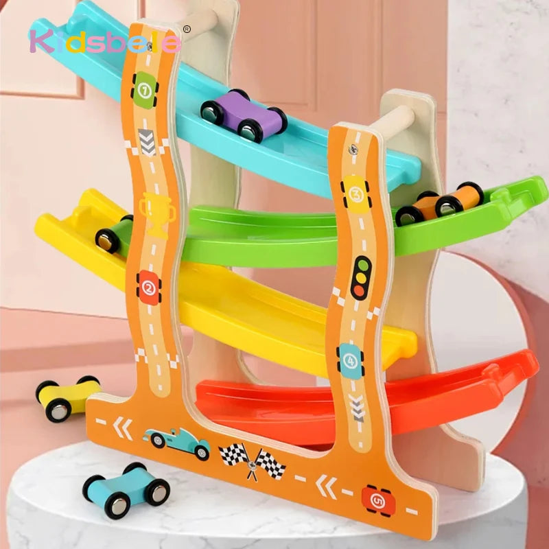 Kids Four-Layer Wooden Gliders Montessori Inertia Track Car Toy Set Animal and Traffic Themes Early Learning Birthday Gift