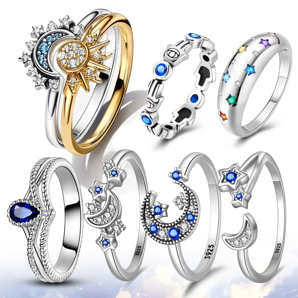 Original Sterling Silver 925 Ring Star Moon Rope Double Layer Gift