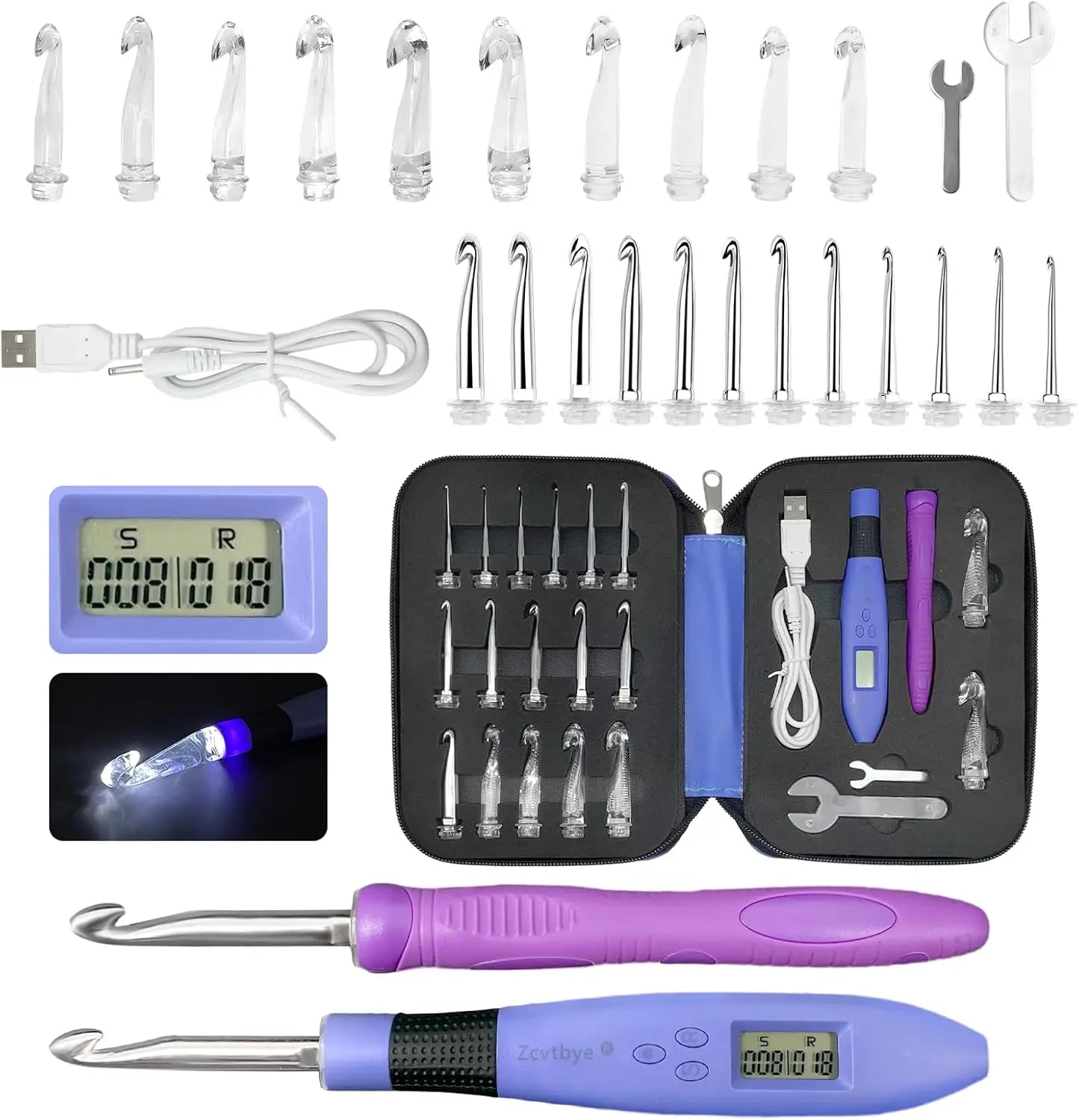 22PCS Lighted Crochet Hook Set with Counter Ergonomic Interchangeable Metal Heads for Comfortable Crocheting