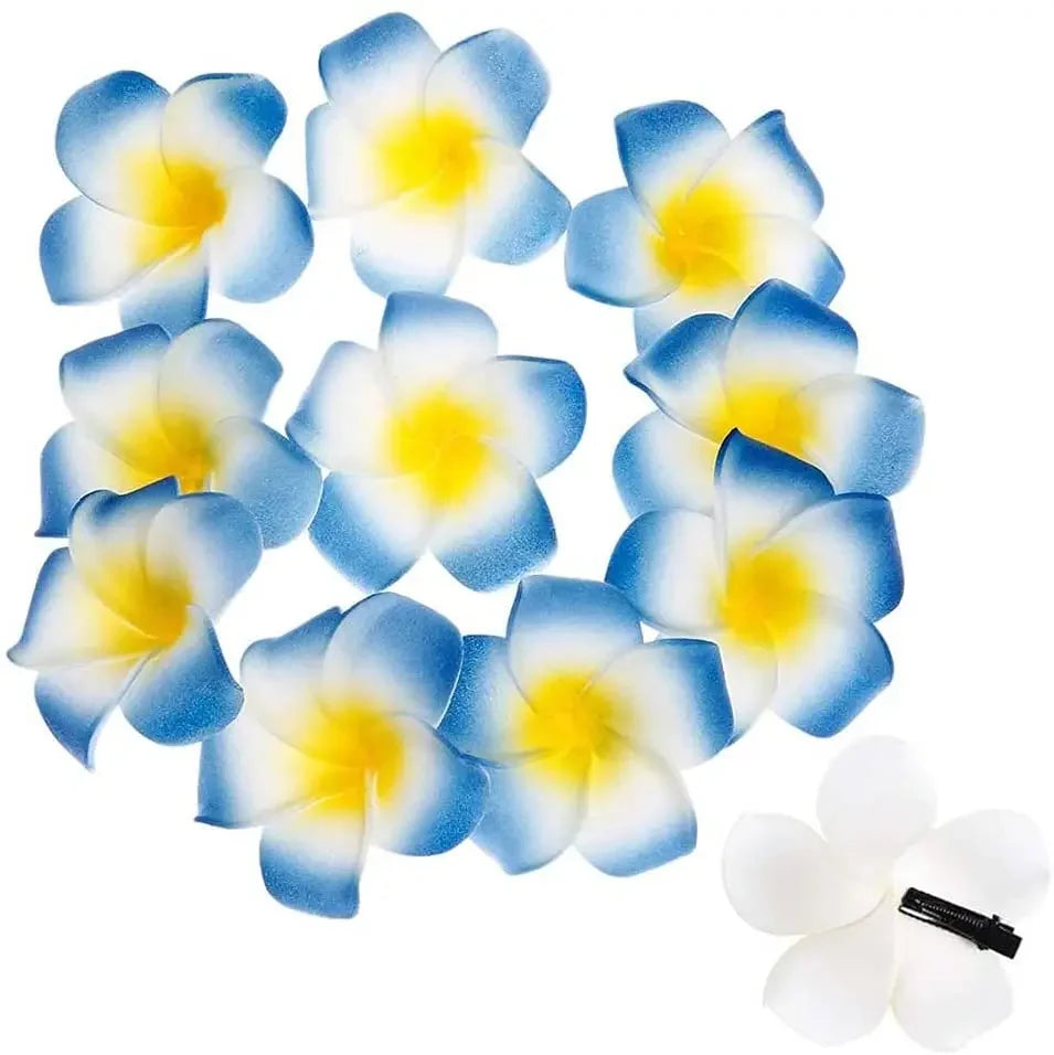 50Pcs 2.4 Inch White Foam Hawaiian Frangipani Artificial Plumeria Flower Hair Clips for Tropical Home Decor and Beach Party Decorations