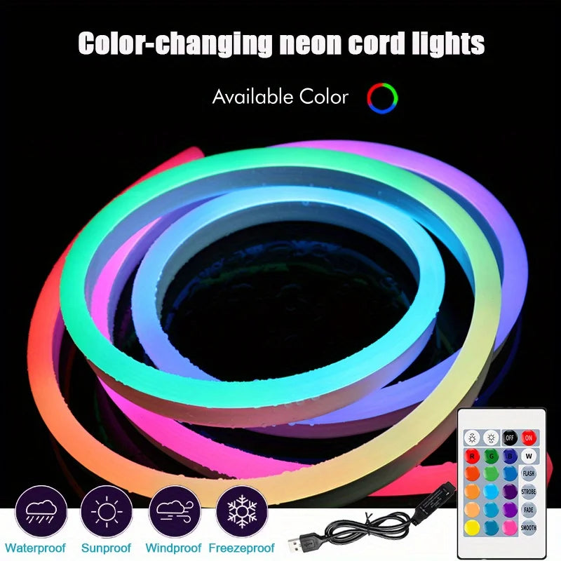 Smart Neon LED Strip Light Sign Remote Control RGB Flexible Waterproof Tape for Home Outdoor Decor 1/3/5m