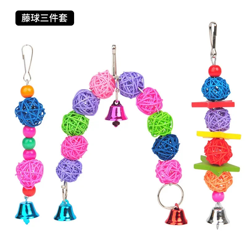 Pack Bird Toy Cage Bird Accessories Wood Parrot Toys Bird Toy Swing Suspension Bridge Ball Cage Bells Pet Supplies Set